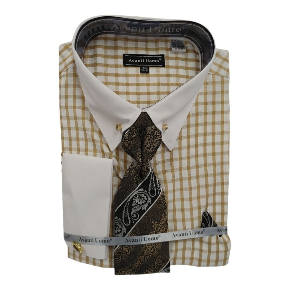 MEN'S AVANTI UOMO  WINDOW PANE  DRESS SHIRT WITH FRENCH CUFF & STONE COLLAR BAR.
